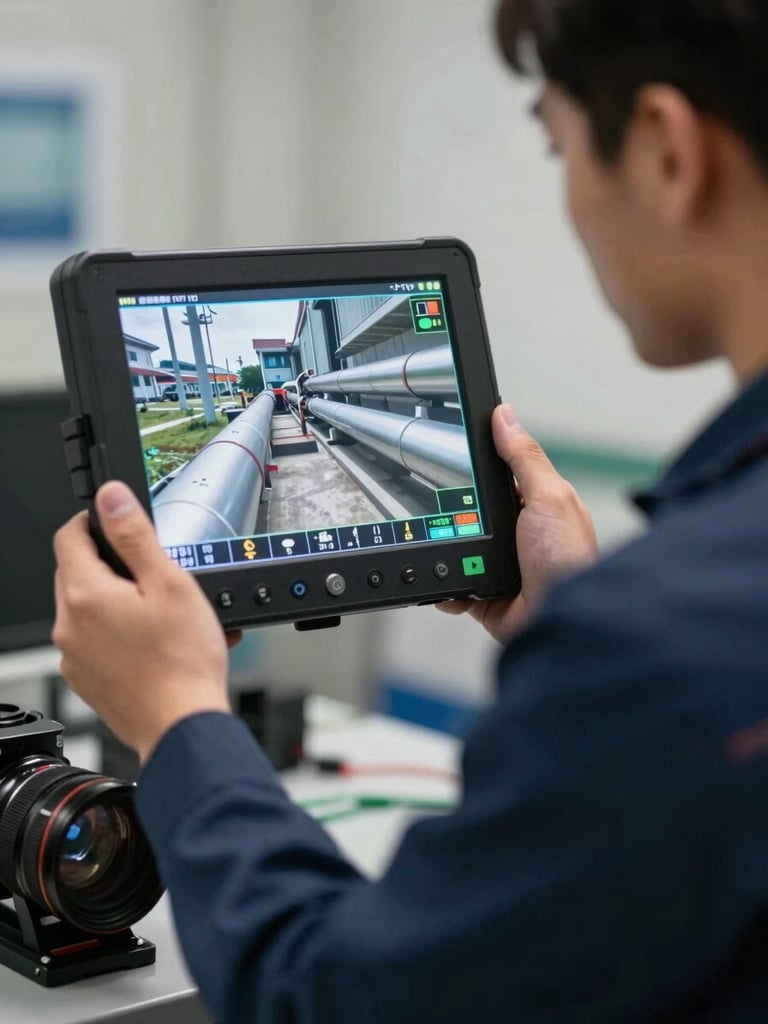A professional technician in clean uniform holding a digital screen showing a clear pipe inspection video feed, daylight, focused and technical.