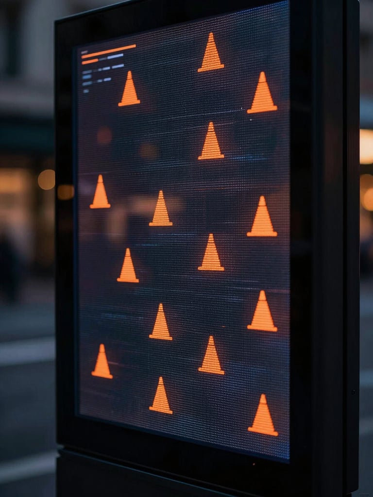 Tight macro crop of a glowing digital ad interface in a dark urban environment, sharp contrast, traffic-cone orange data points visible on screen.