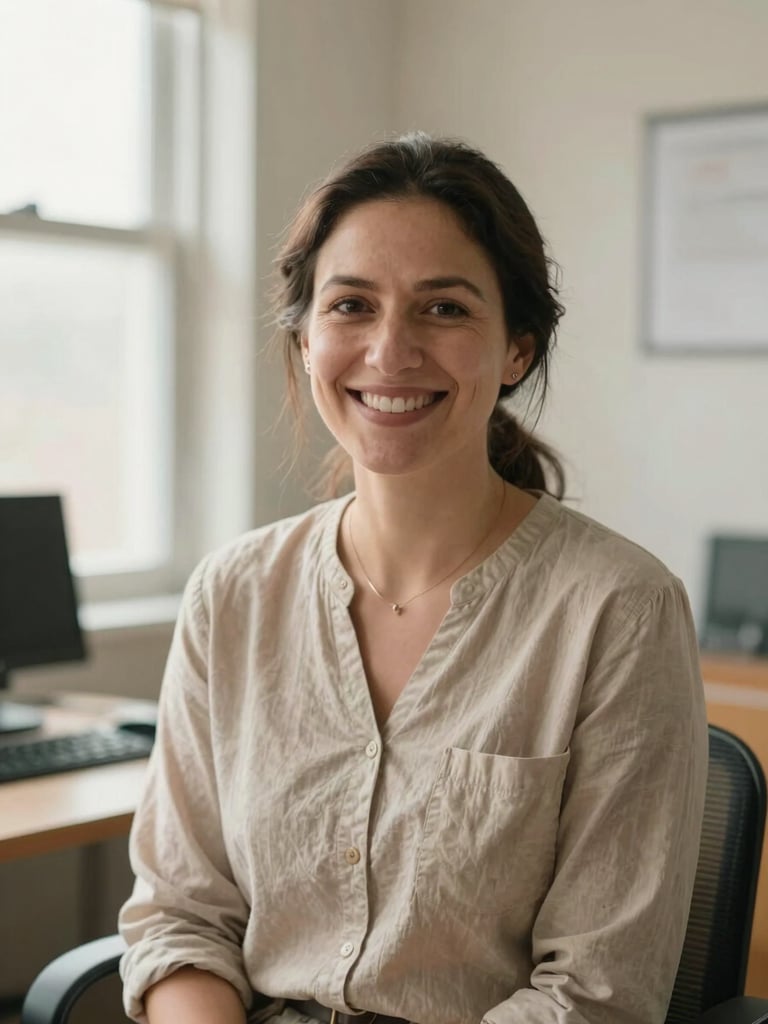 A warm, professional portrait of a female pediatrician smiling warmly in a sunlit office, wearing casual clothing, soft natural lighting, trustworthy and friendly, 35mm