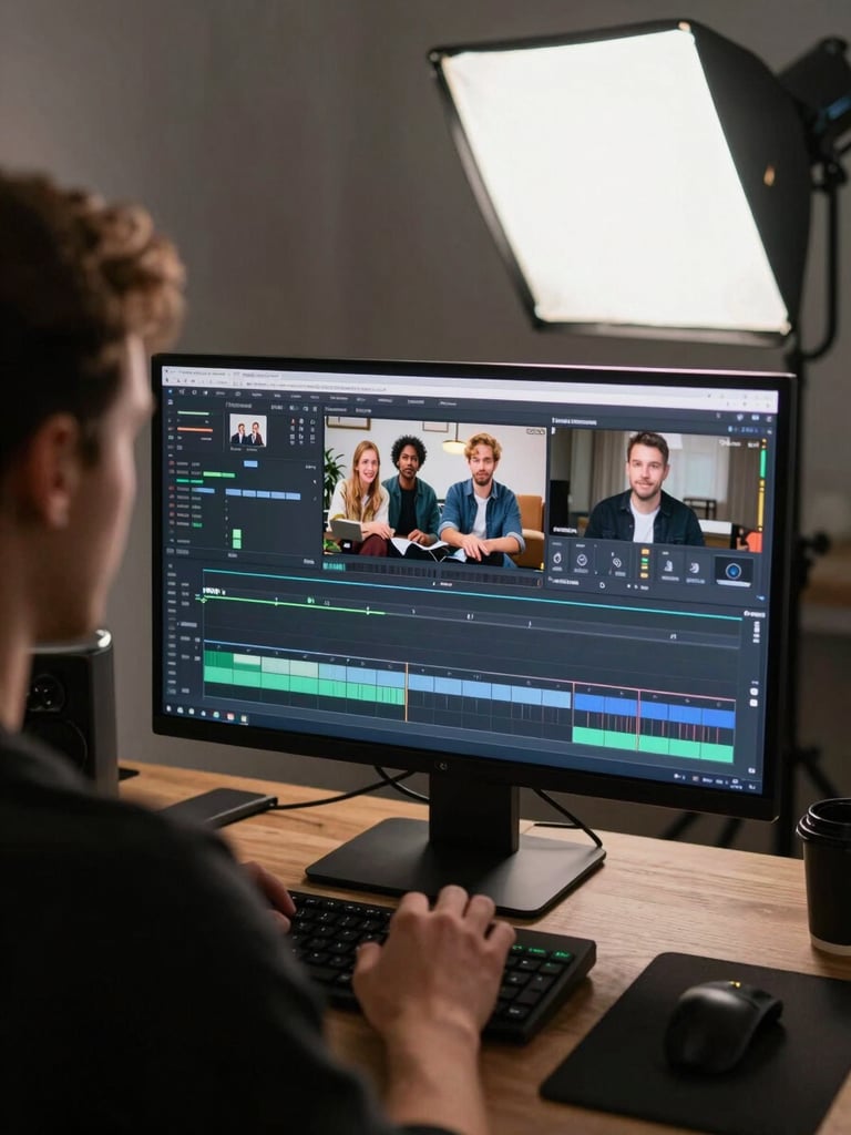 Over-the-shoulder shot of a video editor working on a dynamic social media reel timeline, high screen glow, professional studio lighting