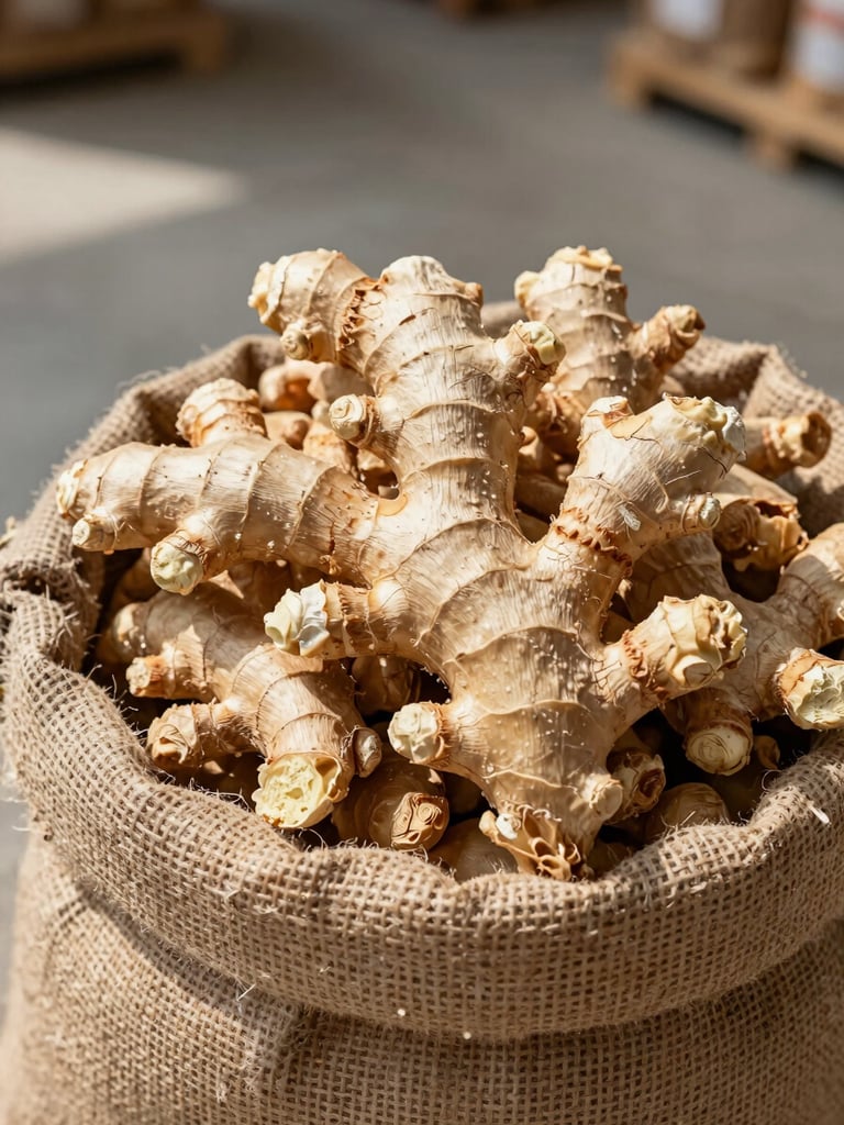 Close-up of high-quality dried ginger rhizomes in a woven burlap sack, natural direct sunlight highlighting the wrinkled texture, warehouse floor background.
