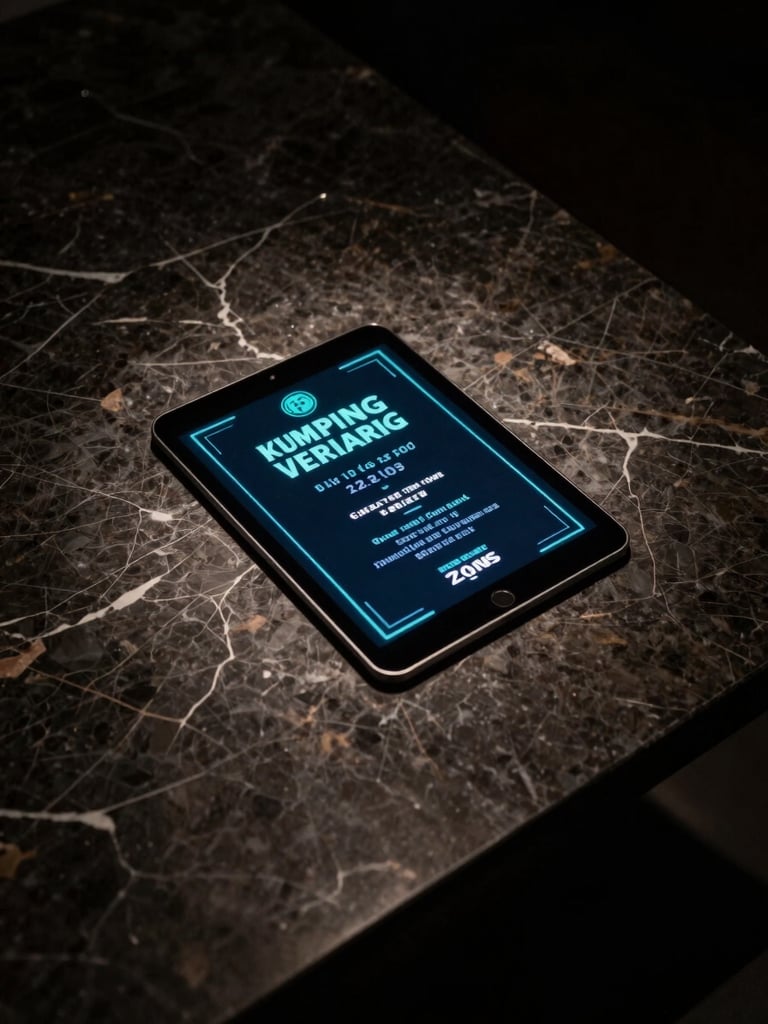 Wide overhead shot of a dark marble surface with a single tablet displaying a glowing turquoise-accented digital event invitation, dramatic studio lighting casting a narrow halo around the device, deep black negative space surrounding it, no people visible