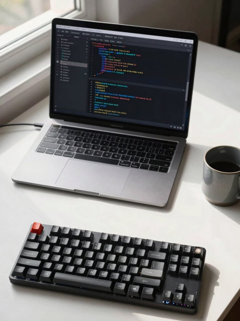 Close overhead shot of a clean desk workspace — mechanical keyboard at lower frame, open code editor on a matte laptop screen, a single ceramic mug to the right, natural window light from the left casting soft shadows, no clutter, Spain morning light