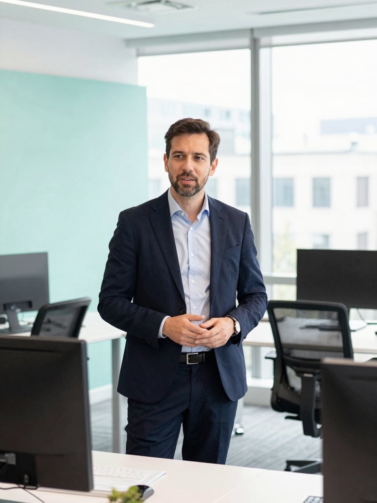 Approachable UK technology consultant discussing workflows in a bright, modern London office, natural daylight, 35mm