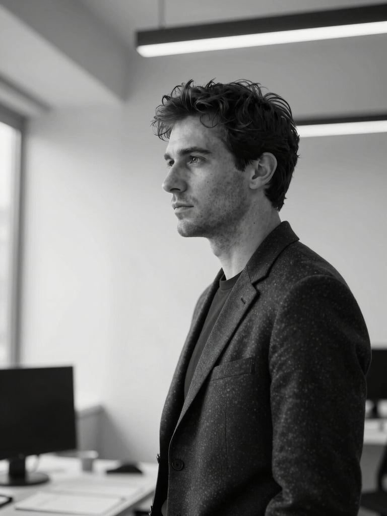 Unposed black and white portrait of Andrea Santoni in a modern minimalist office, looking thoughtful, sharp natural side-light, high contrast, clean architectural lines in the background.