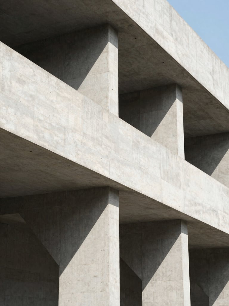 Abstract architectural photography showing clean, geometric concrete structures and sharp lines under bright daylight, conveying structure and governance.
