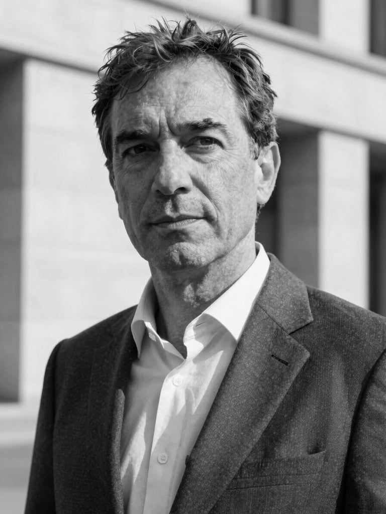 B&W medium-close portrait of Andrea Santoni, an Italian executive in his late 40s, sharp suit, thoughtful expression, clean architectural background, high contrast daylight.