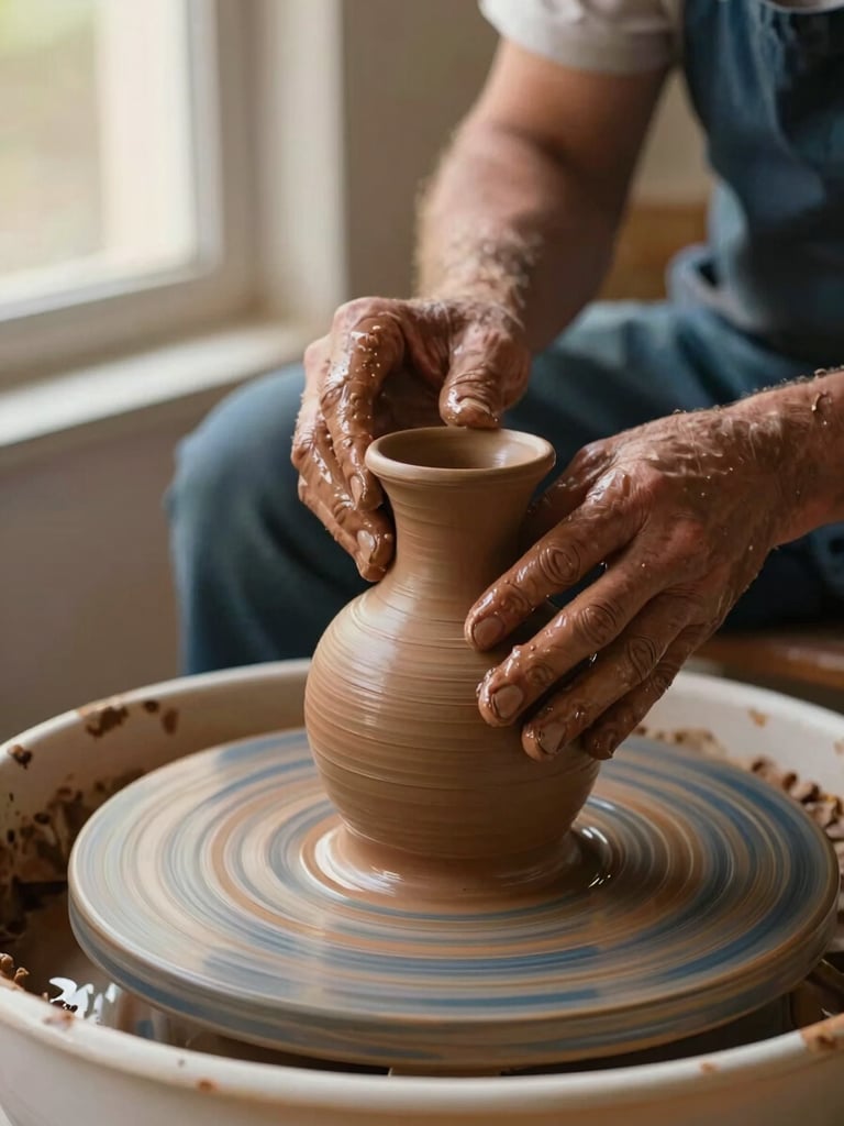 A close-up of a seasoned artisan's hands gently shaping a wet terracotta vase on a spinning wooden wheel, soft side lighting, rich earthy textures, 35mm