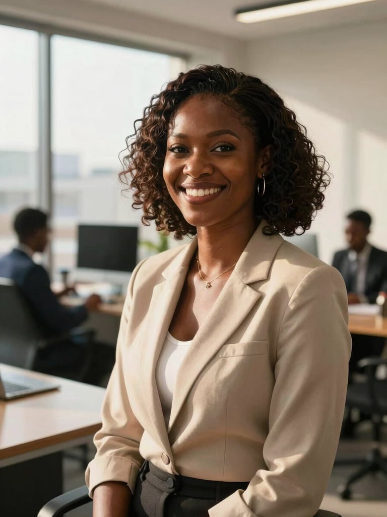 A professional Ghanaian woman smiling in a sunlit Accra office, warm natural West African daylight filtering through a window, medium close-up, modern collaborative workspace background.