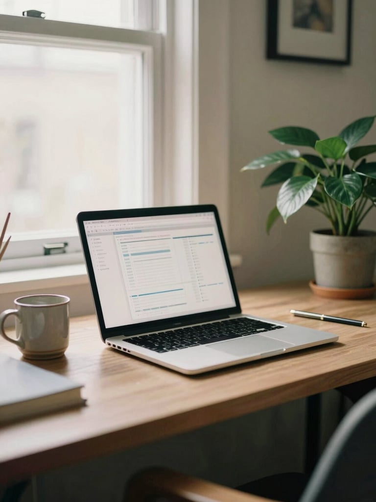 A modern, organized home office with a laptop showing clean charts, a ceramic mug, and a green plant in natural window light.