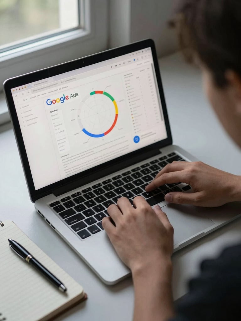 Close overhead shot of hands reviewing a laptop screen displaying a Google Ads conversion funnel dashboard, figures mid-review with a notebook and pen resting beside the keyboard, cool overcast window light from the left, tight environmental framing on a clean desk surface