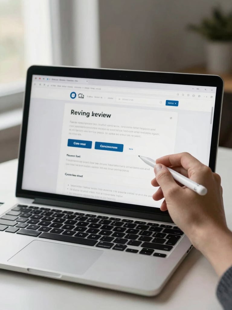 Tight environmental shot of a laptop screen displaying a clean landing page wireframe mid-review, a hand holding a stylus pointing at the call-to-action section, natural overcast window light from the left, minimal desk surface, shallow depth of field