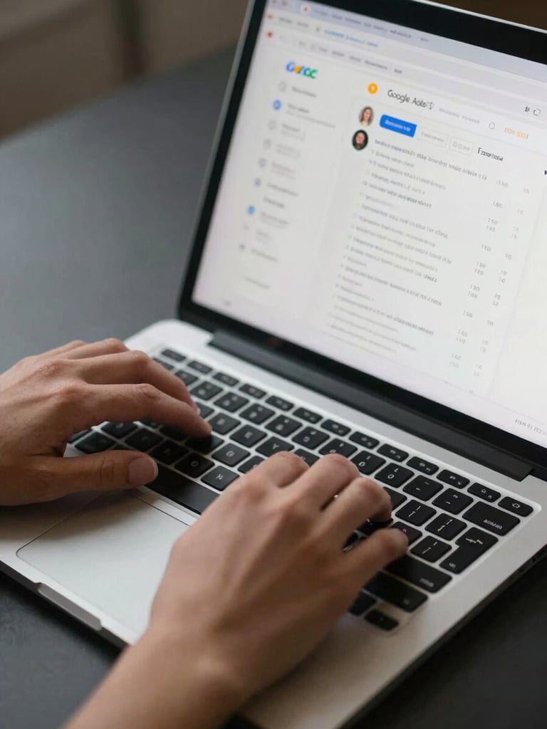 Close detail shot of hands typing on a laptop keyboard, a Google Ads interface visible on screen with active campaign metrics, cool overhead tungsten light, tight crop showing only the hands and screen edge, charcoal desk surface beneath
