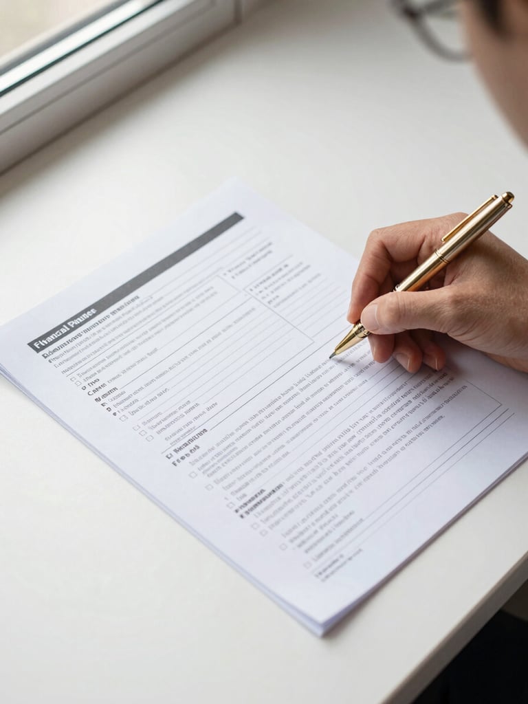 Close-up overhead flat-lay of a financial planning document on a clean white desk, a hand holding a gold pen mid-annotation, crisp neutral daylight from a window to the left, notes and underlines visible on the page