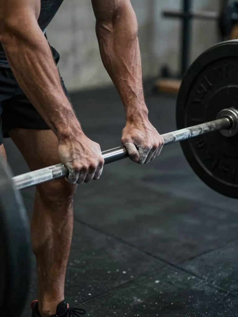 Close-up of chalked hands gripping a heavy steel barbell in a raw concrete gym, moody low-key lighting, high-contrast shadows