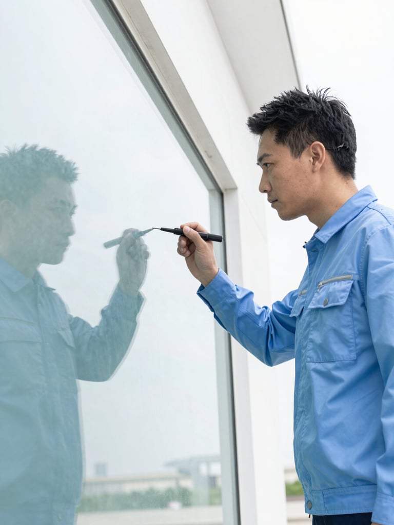 Bright high-key photography of a professional inspector in a light-blue uniform checking a pristine glass surface with a specialized tool, clean reflections, daylight