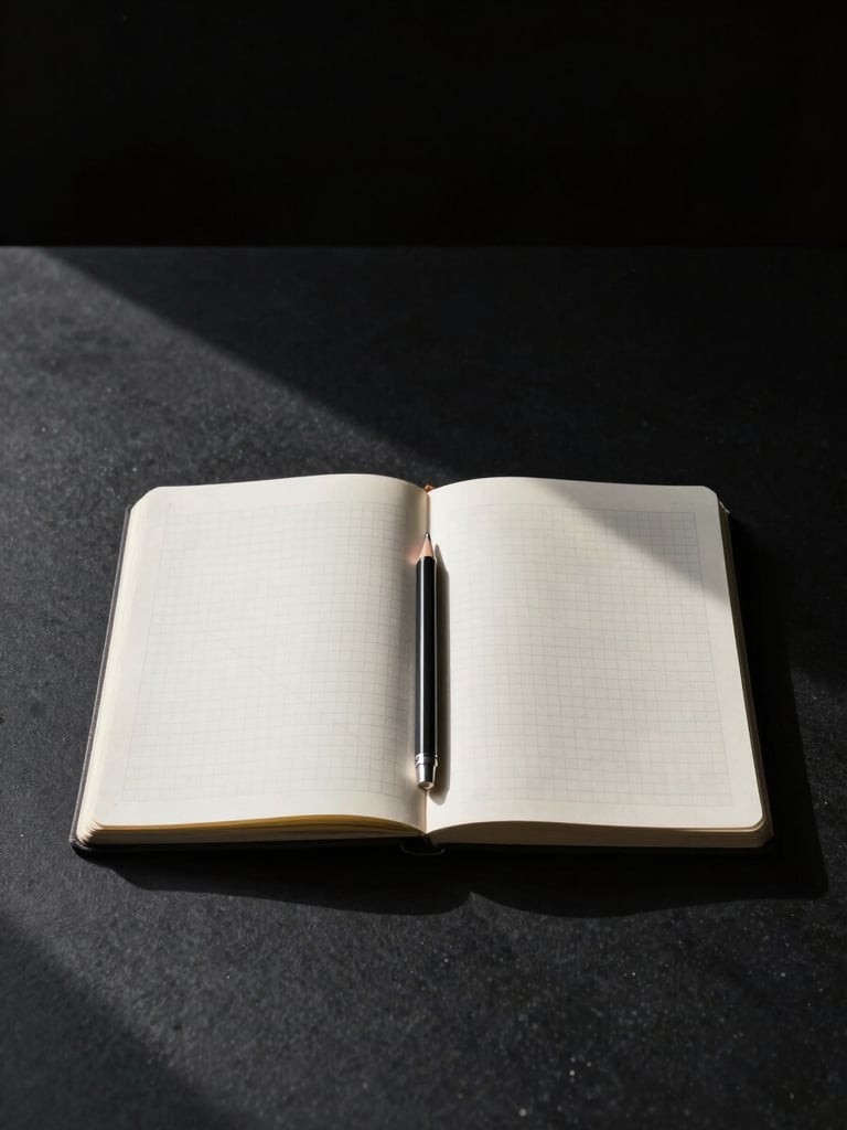 Wide panoramic view looking straight down at a stark black desk surface, a single open sketchbook with geometric grid lines visible, one mechanical pencil casting a long directional shadow across the page, deep black background, extreme contrast studio lighting from the upper left, no people, no clutter