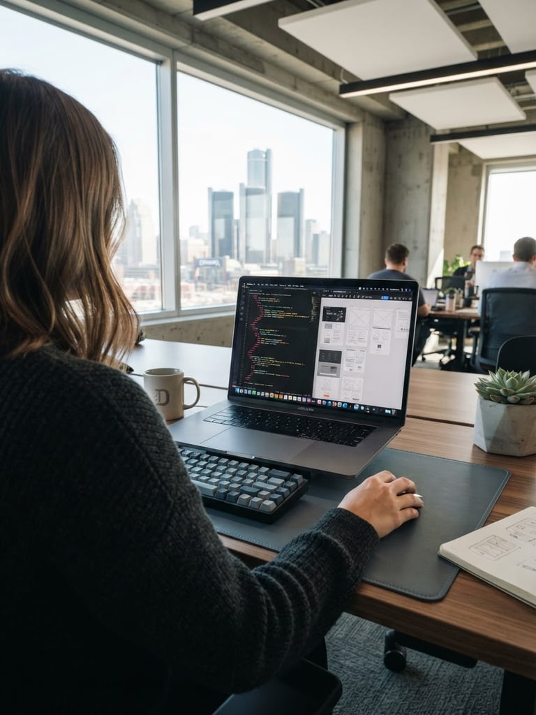 Over-the-shoulder view of a modern digital workspace in Detroit, a laptop showing clean web code and wireframe layouts, bright daylight, slate gray and electric blue accents, sharp focus.