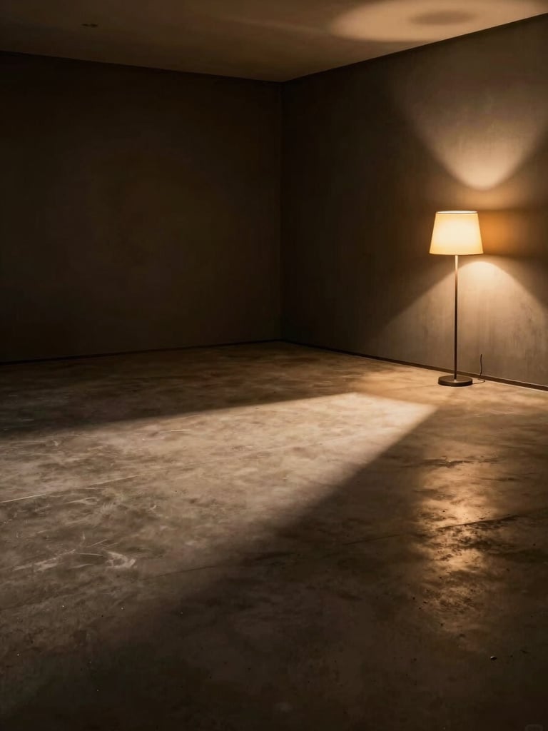 Wide panoramic empty sensory room, low warm amber practical light from a floor lamp to the right, bare dark walls, long shadows stretching left across textured concrete floor — cinematic editorial still