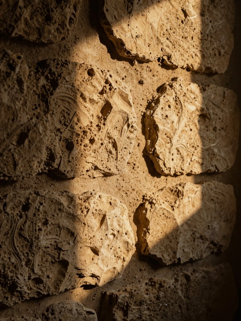 Extreme close-up of a raw plaster and stone wall surface inside a dim interior, warm directional side-light raking across the texture, rich shadows in the crevices, golden amber tones, no people, still and tactile, art film aesthetic