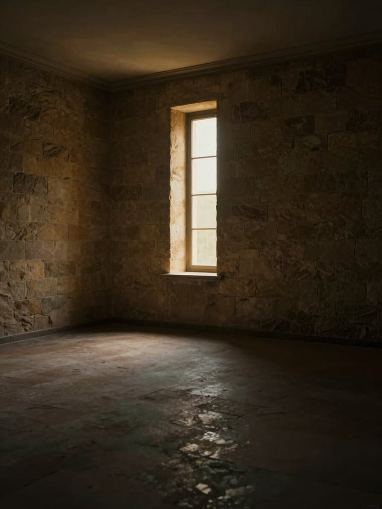 Wide environmental shot of an empty dimly lit room, a single narrow window casting a warm vertical bar of golden light across a bare stone wall, the floor in deep shadow, cinematic and still, art-film atmosphere