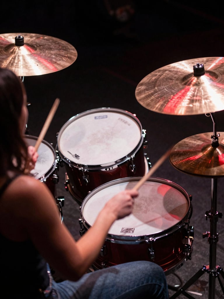 Close side-angle view from behind and slightly above a woman drummer mid-performance, shoulders and arms extended toward the kit, stage lighting casting hard red and white beams across the drum heads, cymbals catching the light, dark background, documentary-style, no face visible