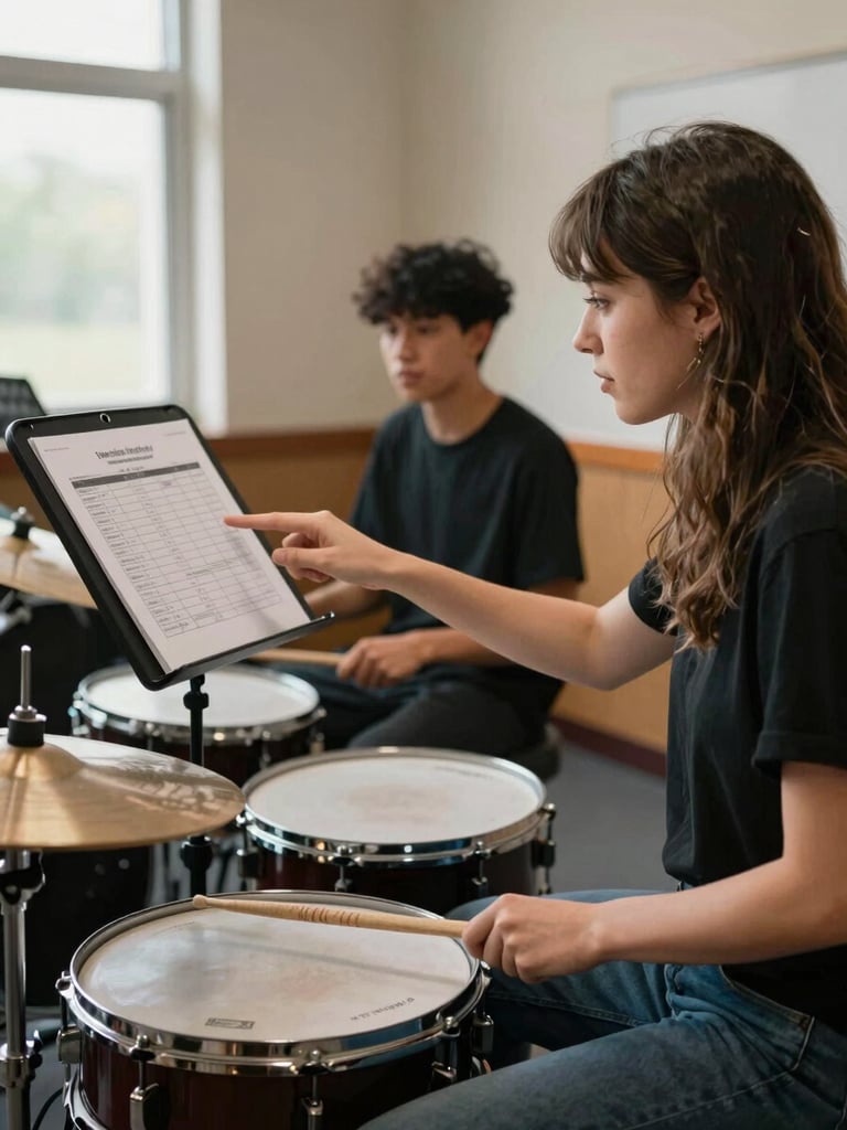 Side-angle documentary shot of a woman drummer pointing at a drum chart on a music stand while a student sits behind a kit in a high school band room, available window light from the left, drumsticks on the snare in the foreground, no posed expressions