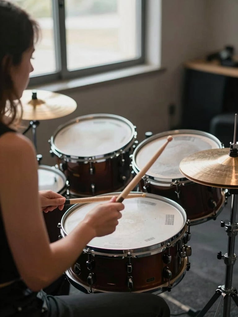 Close-up shot from behind a woman drummer's left shoulder during rehearsal, hands gripping drumsticks mid-stroke over a snare, practice room window light raking across the kit hardware and skin, documentary-style available light, no flash