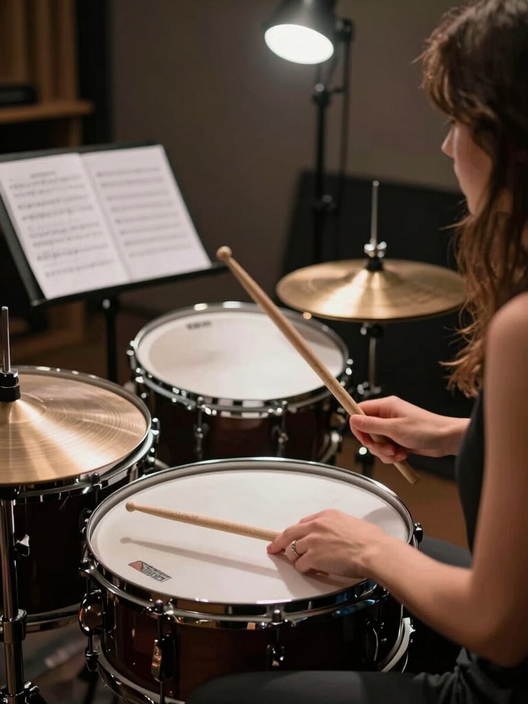 Close-up from behind a woman drummer in a dimly lit rehearsal room, hands resting on a snare drum, a single overhead practice-room light casting a hard shadow across the kit, sticks visible mid-grip, music stand with hand-written charts just out of focus in the background