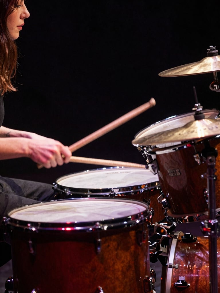 Side-angle close shot of a woman drummer's hands gripping drumsticks mid-strike on a snare drum, stage lighting casting a sharp red rim light on the kit hardware, motion blur on the sticks, dark rehearsal background