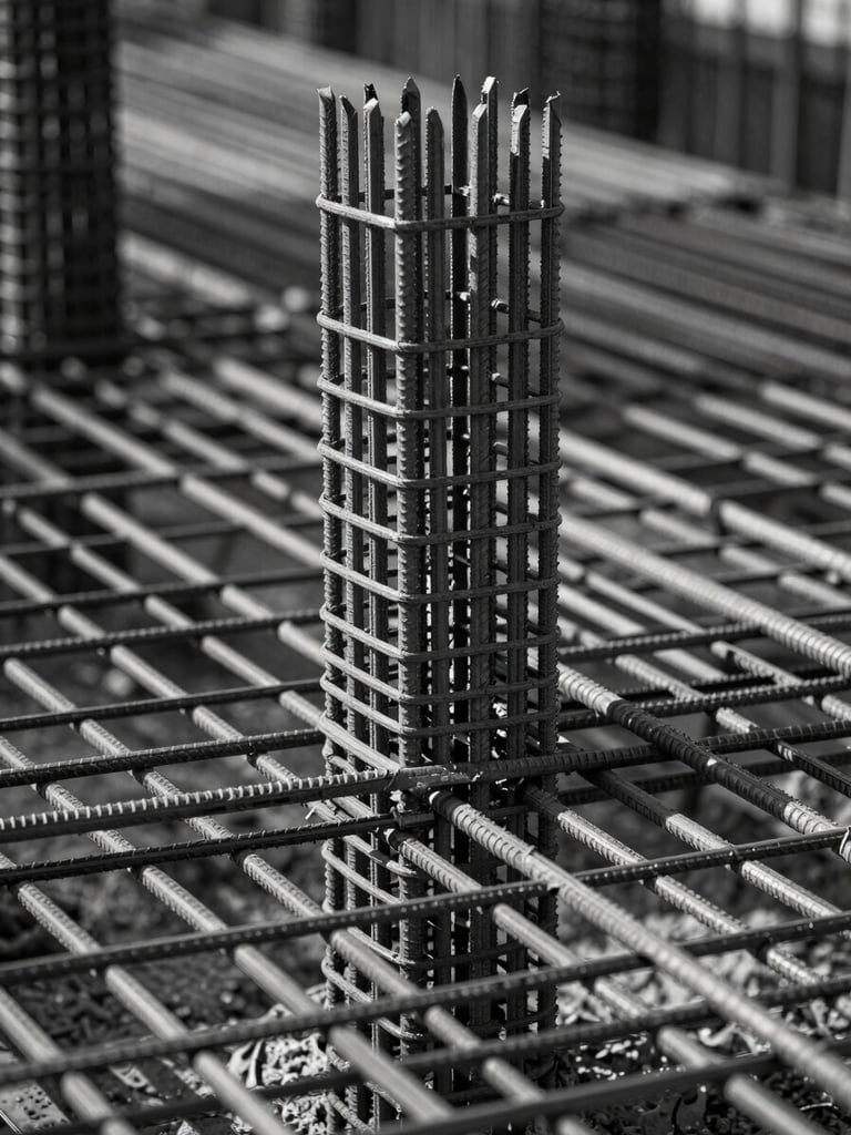 Sharp, straight-on architectural photograph of a reinforced steel rebar grid before a concrete pour, dramatic raking side-light highlighting the metallic geometry, desaturated slate tones.