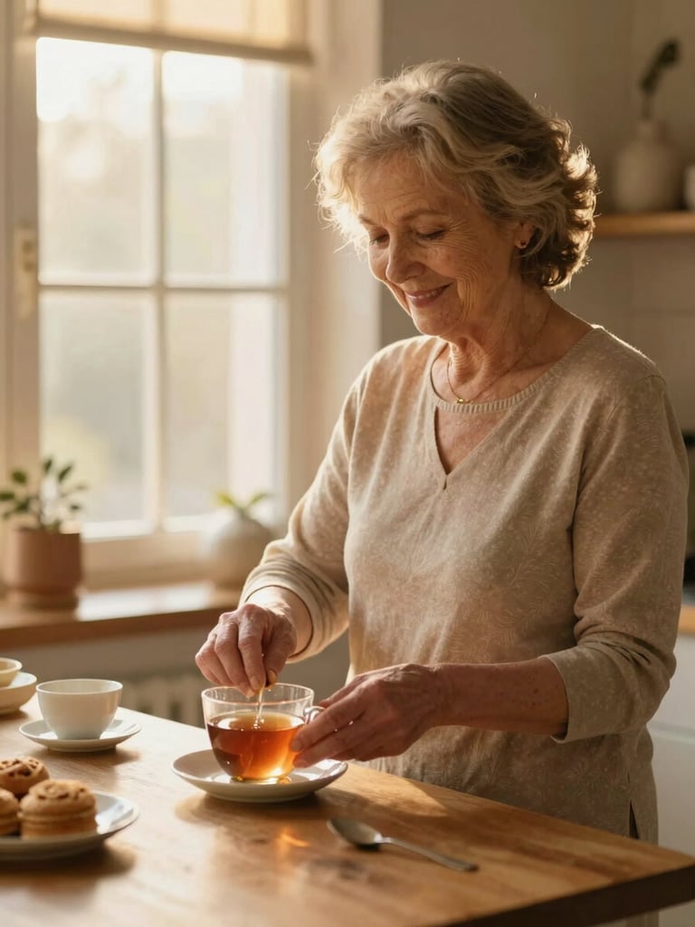 A warm editorial photograph of a senior woman smiling softly as she prepares tea in a cozy kitchen, soft golden-hour window light, 35mm