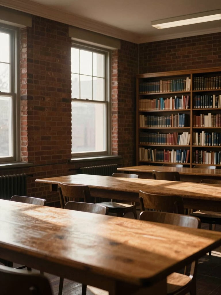 A warm, archival-style medium-wide shot of a historic brick community library, soft golden hour window light casting long shadows on oak tables, muted earth tones.
