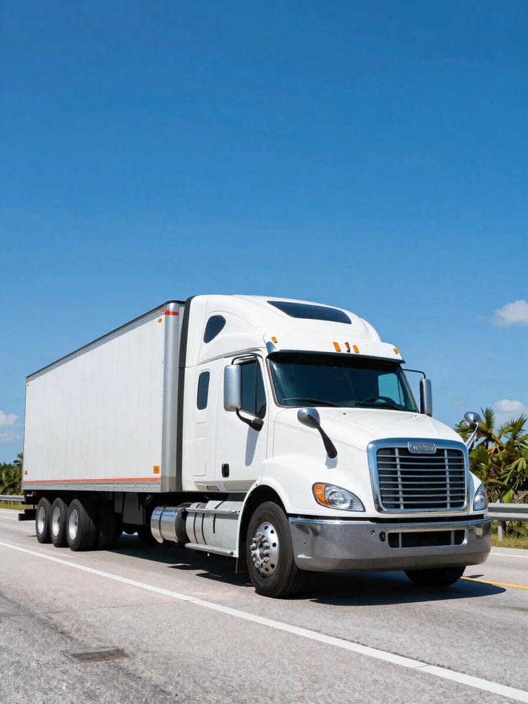 Dynamic low-angle shot of a clean modern semi-truck driving on a sunlit Florida highway, bright blue sky, crisp commercial photography, 35mm
