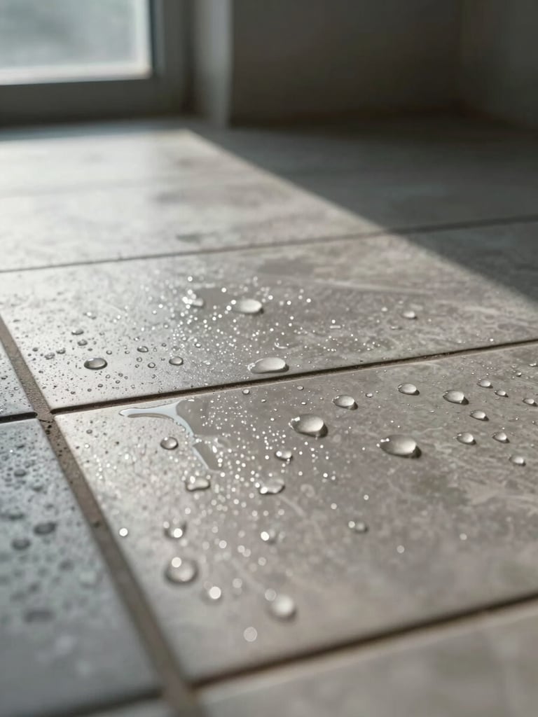 Macro close-up of a freshly cleaned industrial tiled floor — water droplets evaporating on the surface, cool daylight raking across the tiles from a high window at left, the grid of grout lines razor-sharp, no human presence