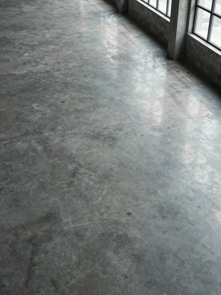 Close overhead shot of a vast polished concrete industrial floor, cool daylight raking across the surface from high windows to the right, every reflection sharp and undisturbed, no figures present