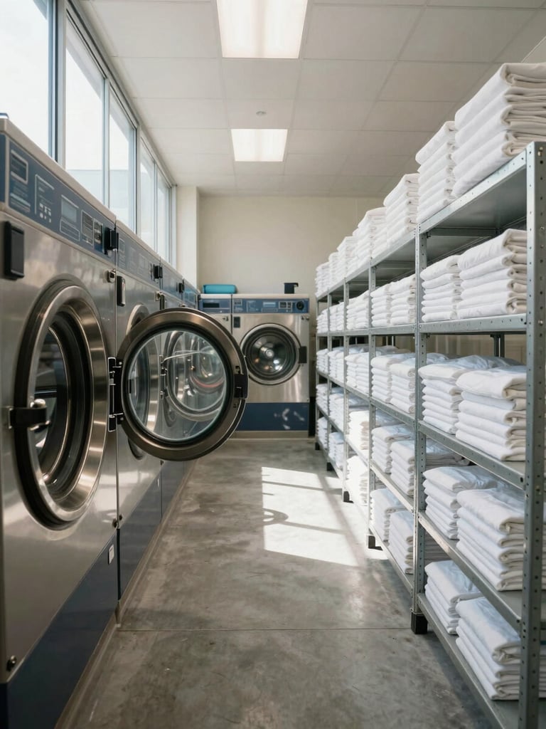 Wide environmental shot of a hotel back-of-house laundry corridor, industrial washing machines running, folded white linens stacked on shelving, natural daylight from a high window casting clean light across the concrete floor, no people visible
