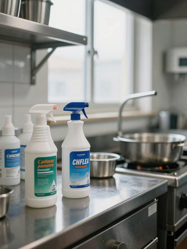 Close-up environmental shot of a commercial kitchen prep area, stainless steel surfaces under natural window light, professional cleaning product bottles visible on a side shelf, no people, emphasizing hygiene and scale