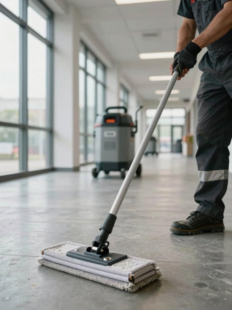 Environmental shot of a large commercial building corridor being cleaned, mop and professional floor cleaning equipment in use on polished floors, natural light from large windows, no people visible, showing operational scale