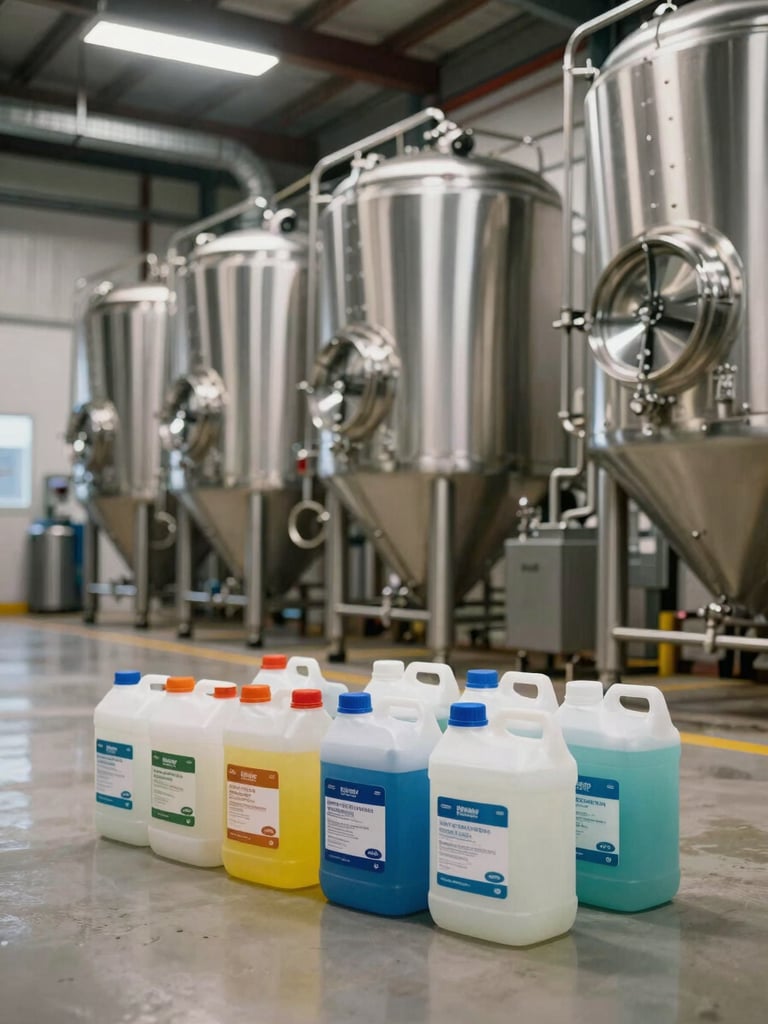 Wide shot of a craft brewery floor, stainless steel fermentation tanks in background, cleaning product containers arranged on the foreground floor, industrial overhead lighting, no people