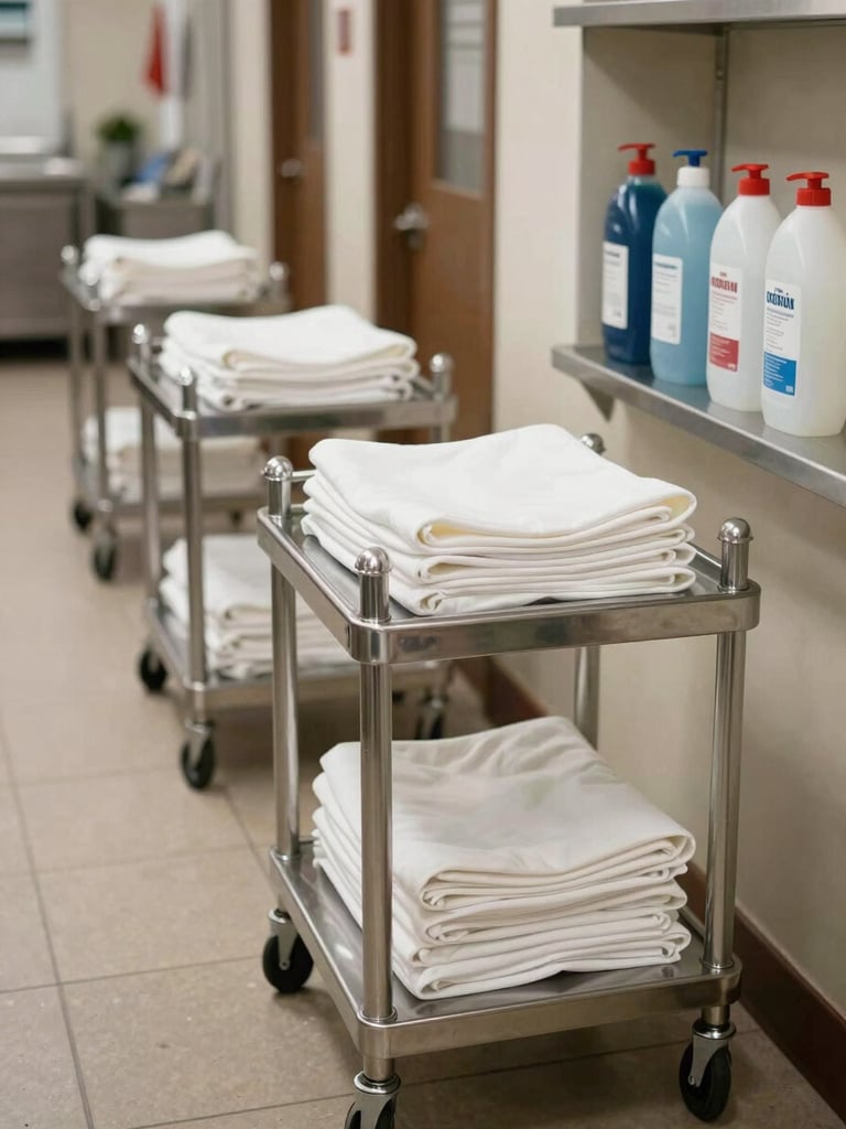 Wide shot of a hotel back-of-house service corridor at natural daylight, stainless steel trolleys with folded white linens, industrial cleaning supply bottles on a shelf to the right, no people, showing operational scale and cleanliness