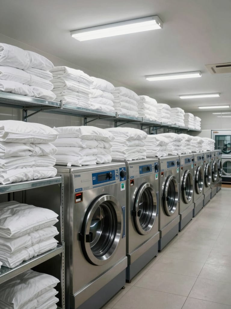 Wide panoramic view of a large hotel laundry room with industrial washing machines running, stacks of white linens on metal shelves, overhead fluorescent lighting, no people, emphasizing volume and operational scale