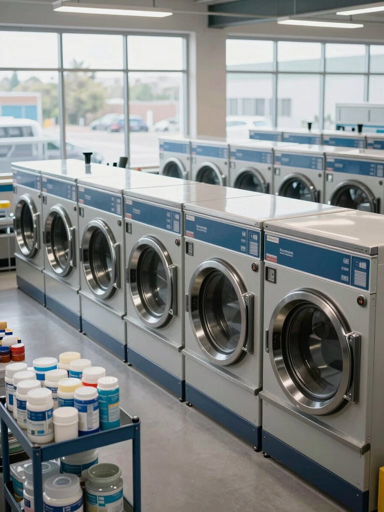 Wide shot of a commercial laundry facility with rows of industrial washers and dryers in operation, daylight from large windows, product containers on a utility cart in the foreground, no people, showing volume capacity