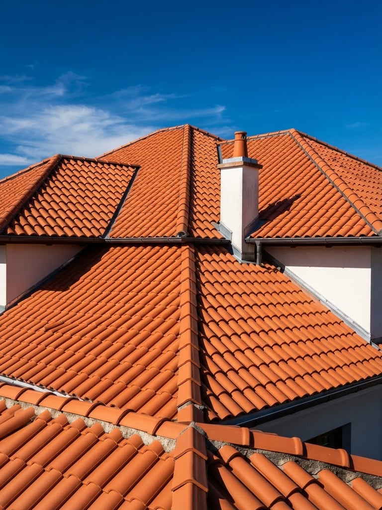 A pristine clean terracotta tile roof under bright direct sunlight, high-contrast blue sky, sharp architectural details