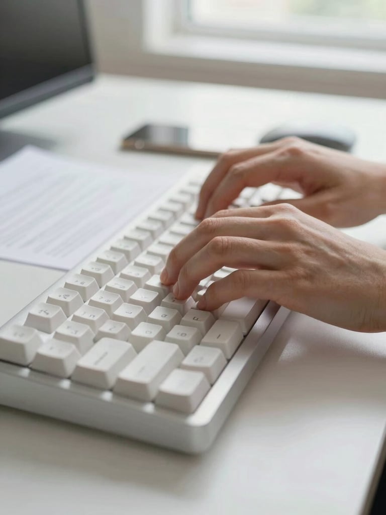 Close-up of human hands typing on a mechanical keyboard, fingers mid-keystroke on white keys, a printed document visible to the left, soft north-facing daylight from a window, clean white desk surface
