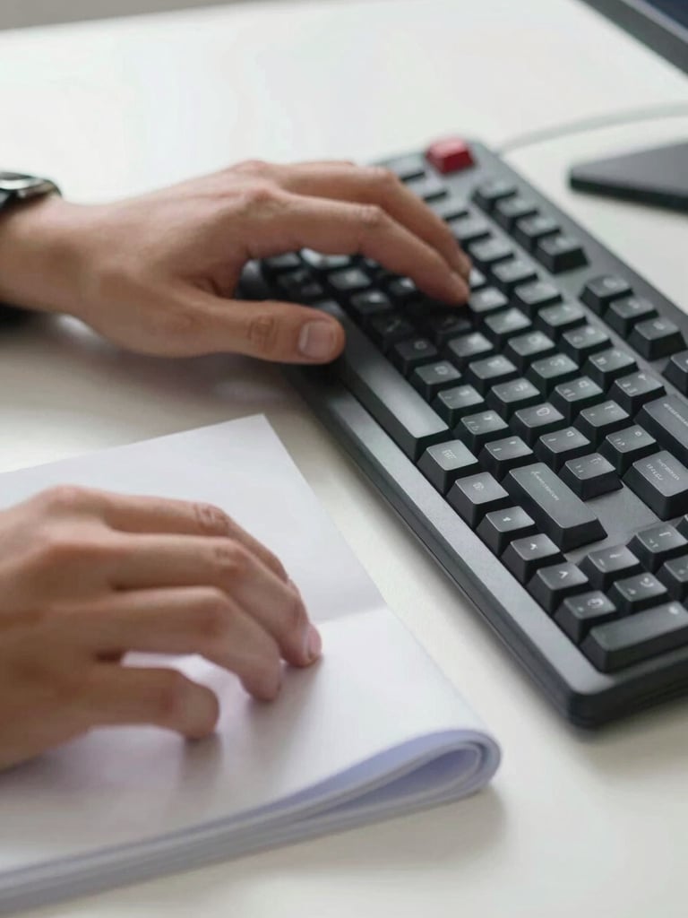 Close-up wide shot of a pair of hands resting on a mechanical keyboard beside a stack of curled, scanned paper documents on a clean white desk, bright north-facing studio daylight, fingers mid-keystroke visible, paper edges sharp
