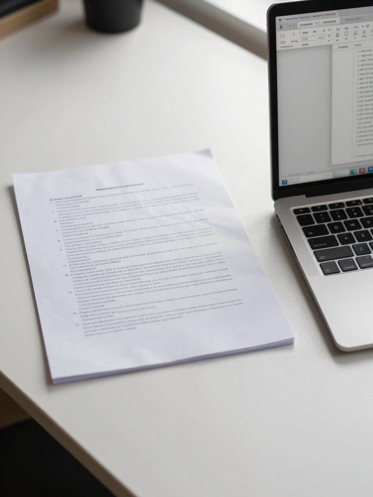 Wide desk surface, left-side frame: a creased scanned PDF printout beside an open laptop showing a clean formatted Word document on screen, bright north-facing studio light, close crop on the paper and keyboard edge