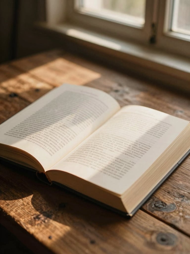 Close-up of an open hardcover book resting on a rustic wooden table, soft golden-hour window light casting warm shadows, cozy and literary.