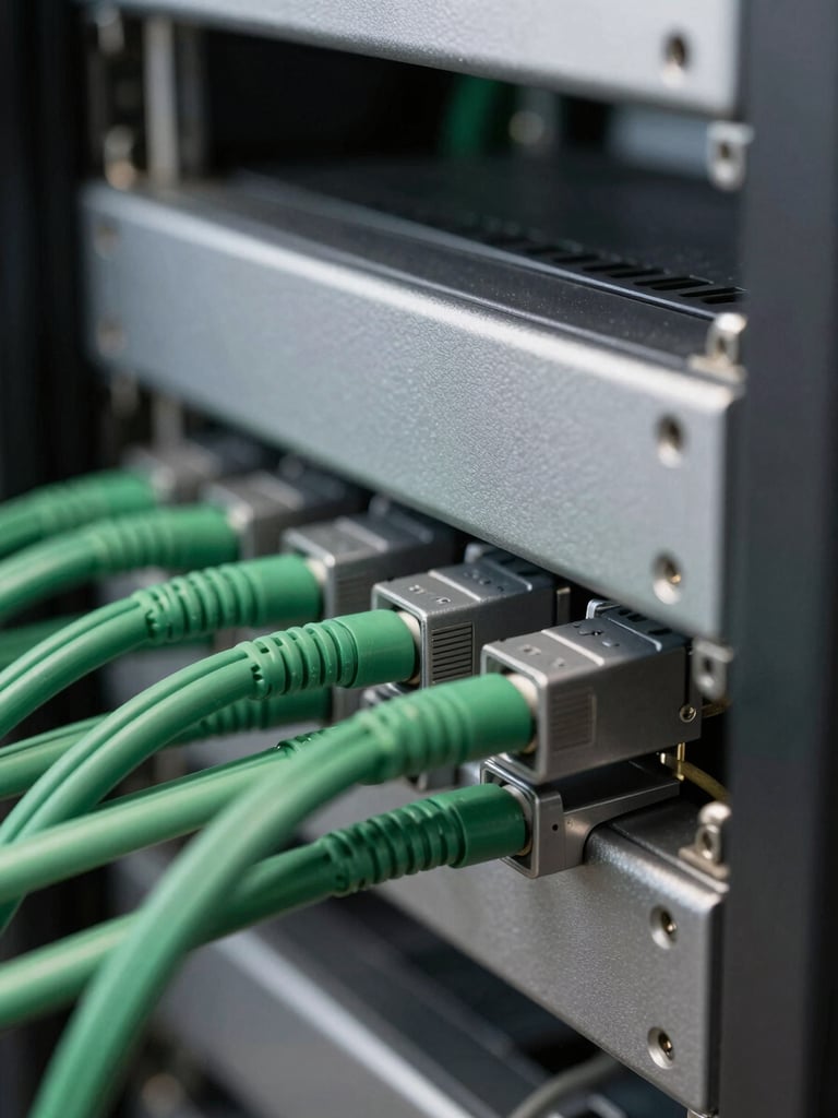 Sharp macro focus on clean server racks with neat cabling, cool natural daylight, desaturated slate and forest green tones, 35mm technical photography.