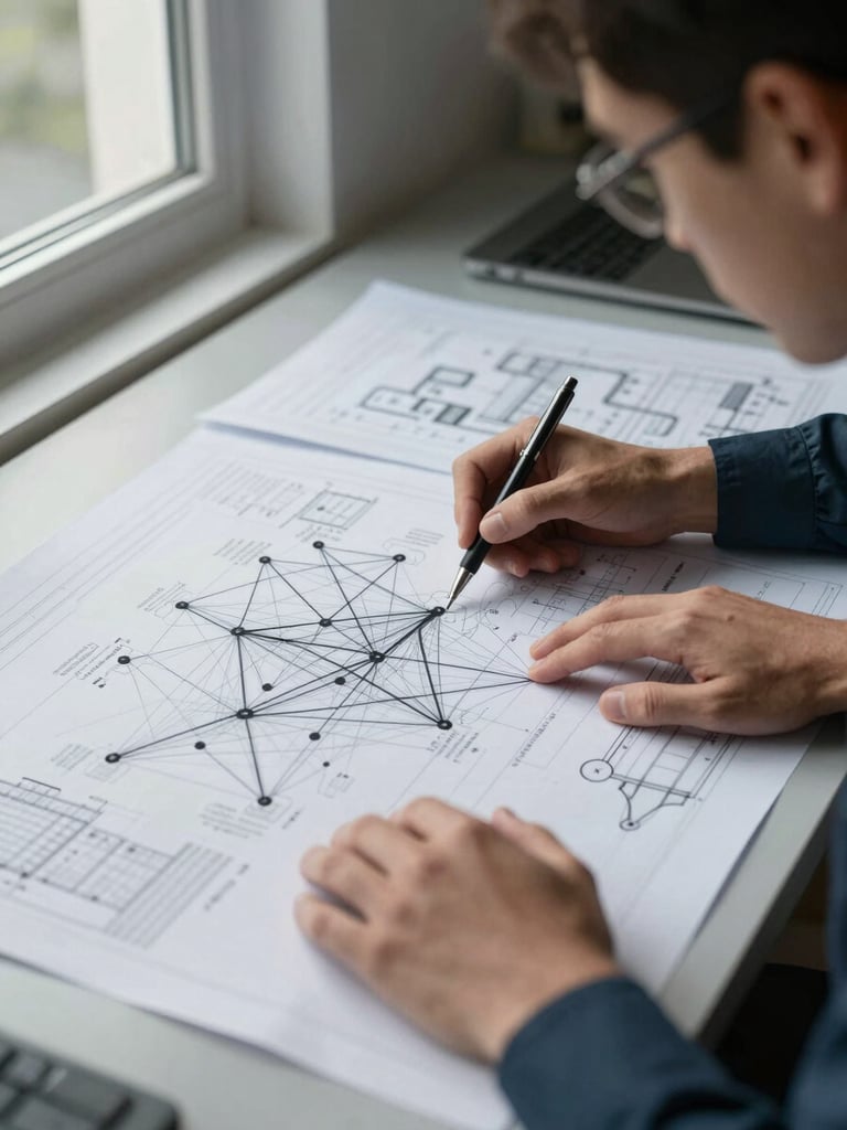 Wide shot of an engineer reviewing printed infrastructure topology diagrams spread across a desk, cool neutral daylight from a window to the left, hands tracing a network path with a pen, technical detail visible